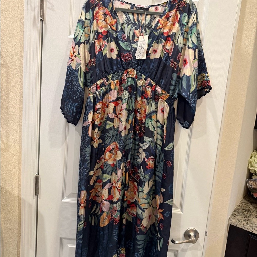 Johnny Was 100% Silk Navy Floral V-Neck Maxi Dress